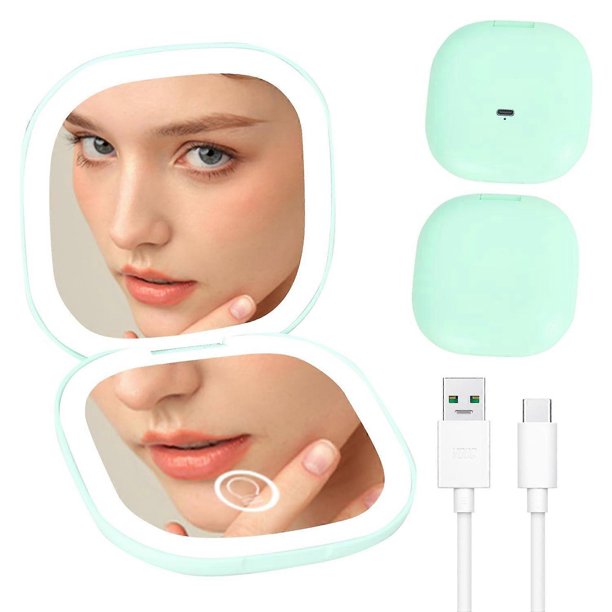 r6n 1X 5X Magnification LED Lighted Travel Pocket Mirror Rechargeable i8h Double-Sided Makeup Mirror