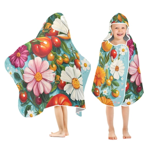 Yayeee Kids Hooded Towels Toddler Soft Absorbent Beach Bathing Wrap 50" x 23.5", Pink Floral Tomatoes