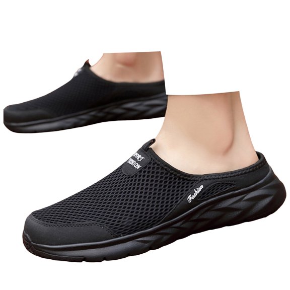Pandaie Men's Open Back Sneaker Clogs Breathable Knit Mules Shoes Lightweight Slip on Sneakers Casual Walking Slides with Arch Support Black Size 7.5