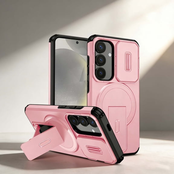 For Samsung Galaxy S26 Phone Case,Compatible With Mag-Safe,With Contractile Kickstand,Camera Cover,Heavy Duty Shokcproof Anti-fall Drop Protection,Non-slip Rugged Phone Case Cover,Pink