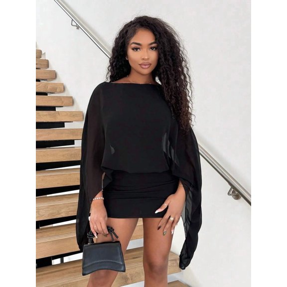Black Boat Neck Flowy Mini Dress With Sheer Cape Sleeves Elegant Evening Party Dress