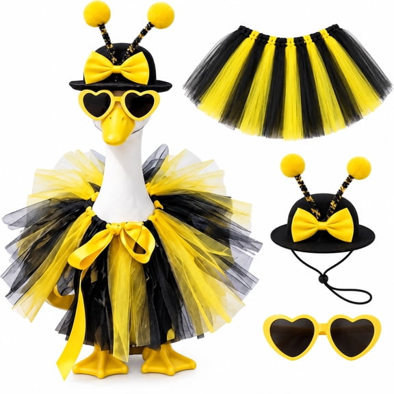 Bee Porch Goose Outfit Set for 17 and 23 Inch Goose Statues, Tutu Skirt, Hat and Sunglasses, Garden Porch Yard Decor