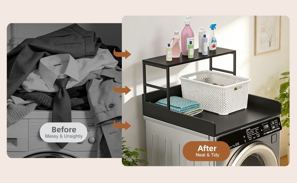 Sioweci 27.5" Washer Dryer Countertop, 2-Tier Laundry Topper with Anti-Slip Strips & Edge Rails, Heavy Duty Laundry Shelf, Laundry Room Storage Organizer,Black
