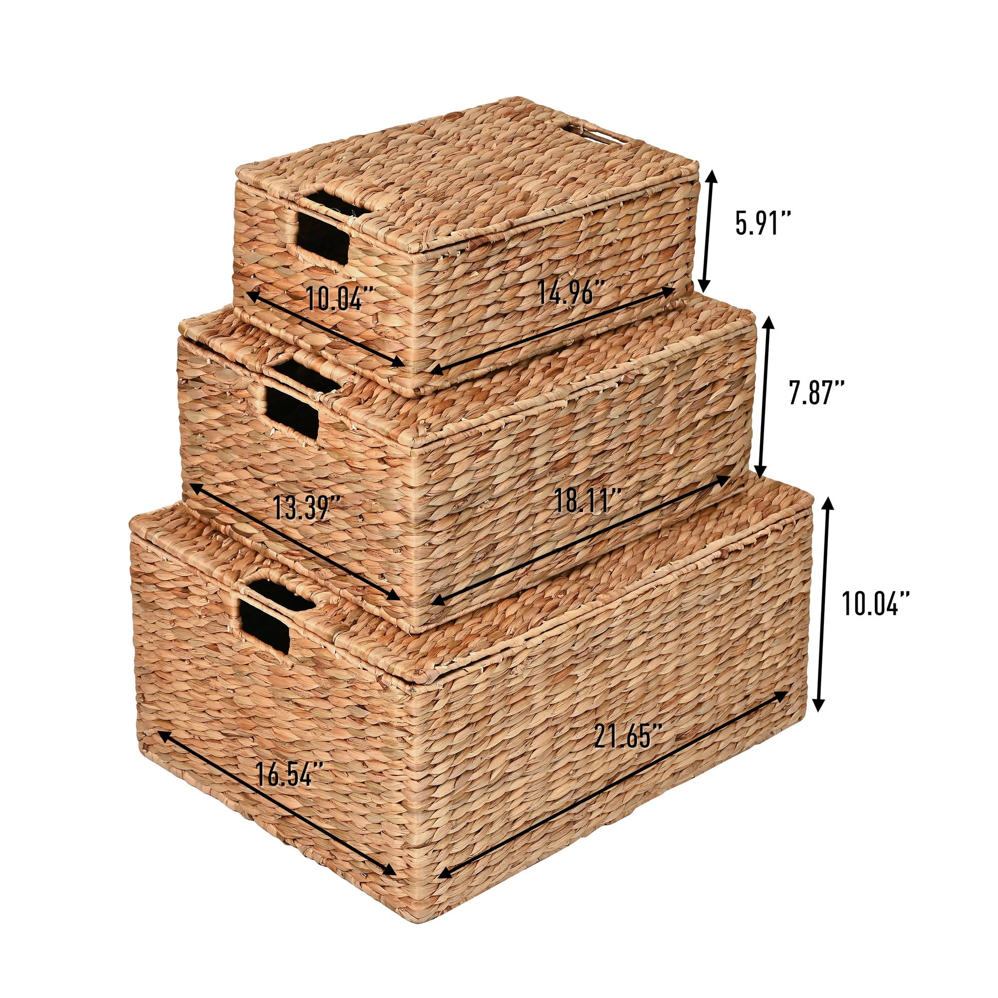 happimess BSK2006A-3SET Brooks Classic Farmhouse Woven Hyacinth Rectangular Storage Baskets with Lids and Handles, Natural (Set of 3)