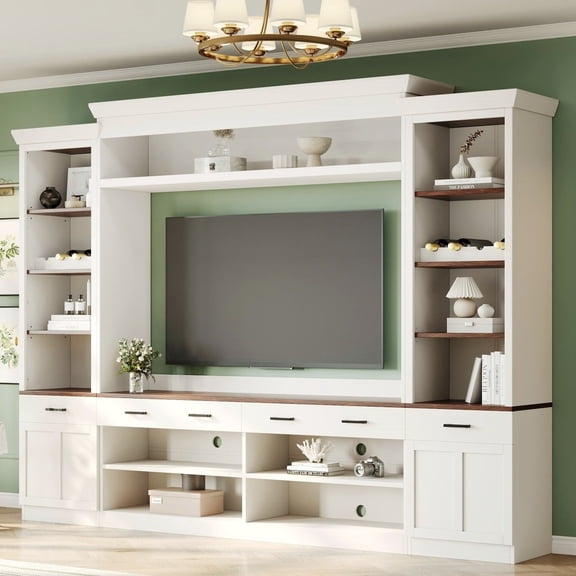 White Farmhouse 4-Piece Entertainment Center for TVs Up to 70", Walnut TV Stand with Bookshelf, Adjustable Shelves & Wine Rack