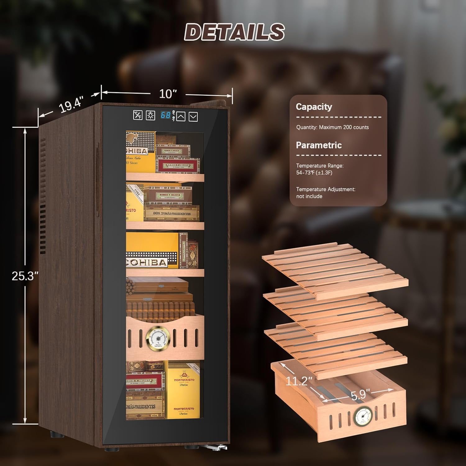 35L Dual-Zone Thermostatic Cabinet & Beverage Cooler - Cooling & Heating Electric Fridge with Wood Grain Finish, Built-in Hygrometer - Ideal Gift for Men, Wine, Cigar, and Skincare Storage