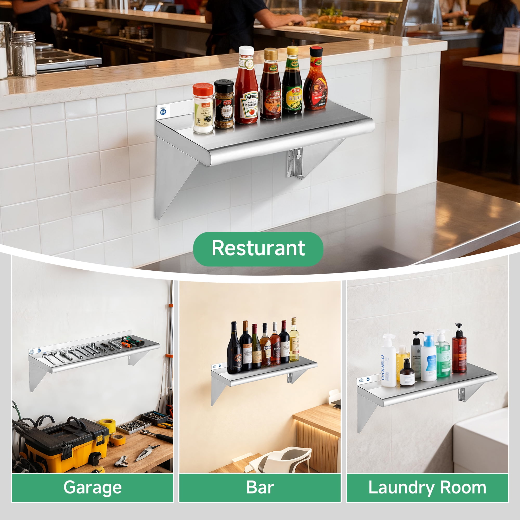 RSN Trend Stainless Steel Shelf 10 x 16 Inches 190lb, 2 Pack NSF Metal Commercial Shelves Wall Mount Floating Shelving with Backsplash for Restaurant, Kitchen, Home and Hotel, Silver