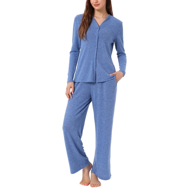 Pijamas de mujer Inspire Chic, conjuntos de pijama de manga corta con botones y pantalones, color azul