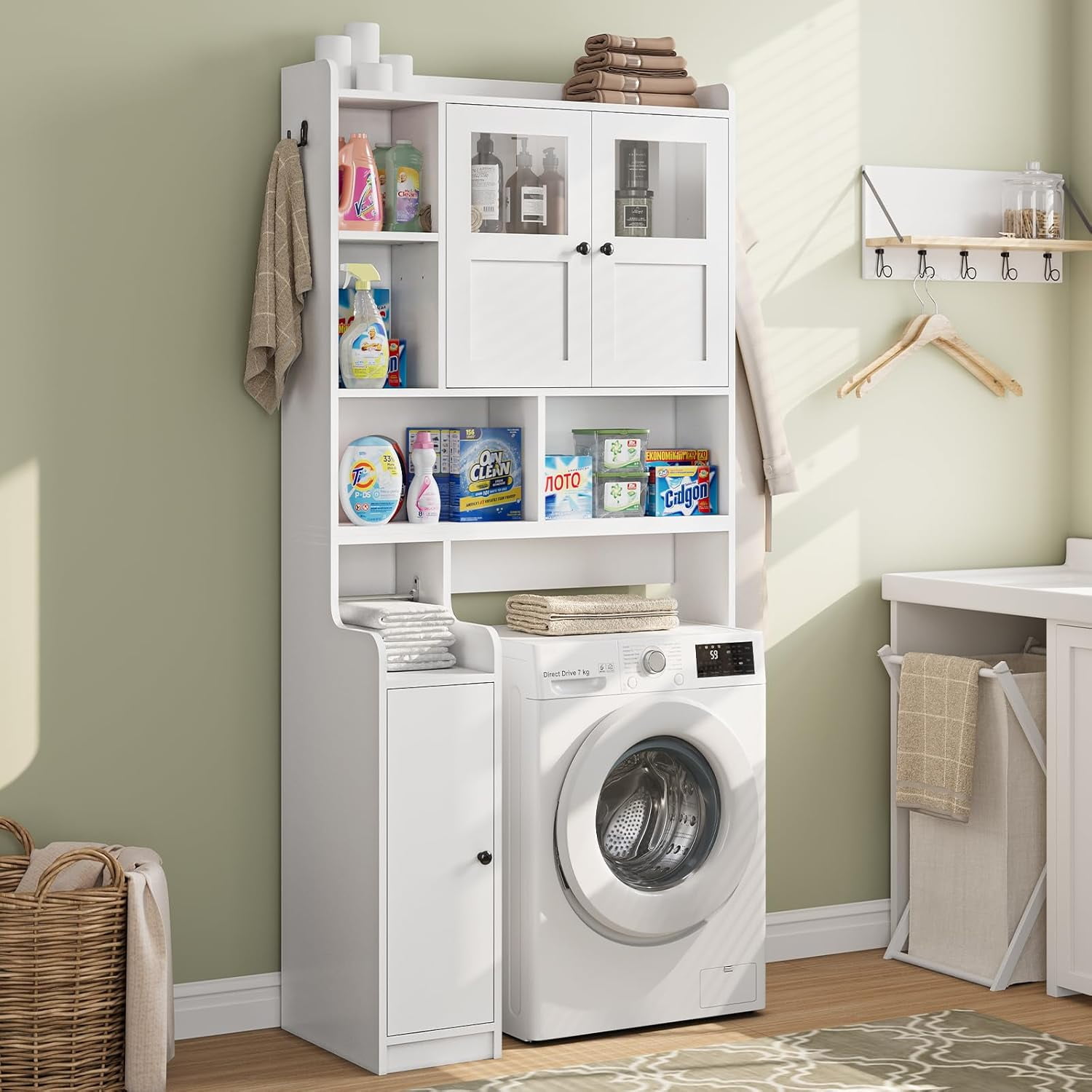 Over The Toilet Storage Cabinet with 3 Doors, Farmhouse Space Saver for Bathroom Organizer with Paper Holder, 10 Shelves and Hooks, 7-Tier Over Washing Machine Cabinet for Laundry, Bathroom, White