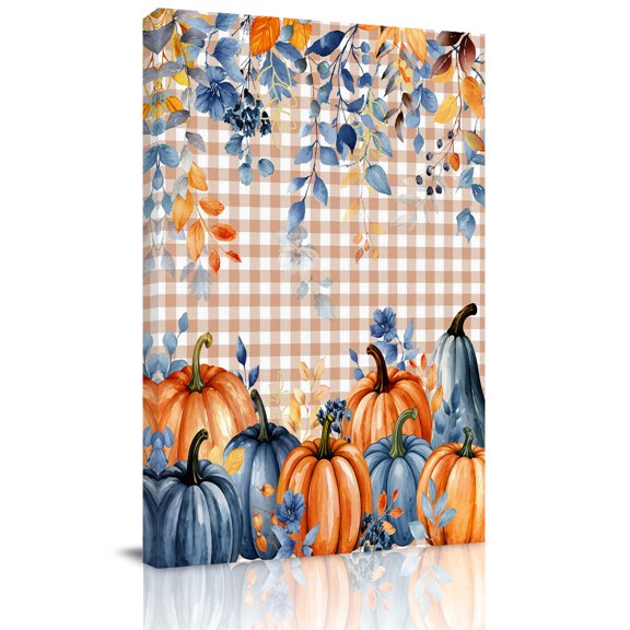 Canvas Wall Art, Orange Blue Fall Pumpkin Framed Canvas Prints for Bathroom Hallway, Thanksgiving Orange Checked Small Gallery Wrapped Wall Decor for Home Office, Gifts, 8"x10" Ship Next Day