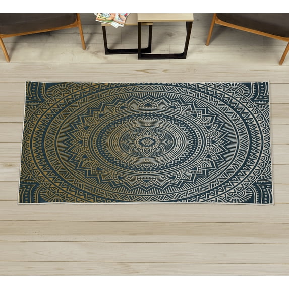 Mandala Decorative Rug, Abstract Floral Design with Themes Native South East Folkloric Illustration, Quality Carpet for Bedroom Dorm and Living Room, 6 Sizes, Dark Navy, by Ambesonne
