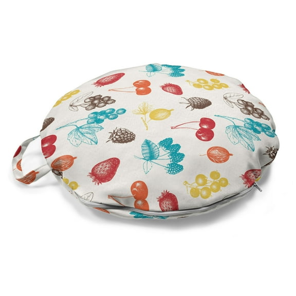 Natural Round Floor Cushion with Handle, Colorful Different Fruits Images Strawberries Blueberries and Cherries Pattern, Decorative Pillow for Living Room & Dorms, 18" Round, Multicolor, by Ambesonne