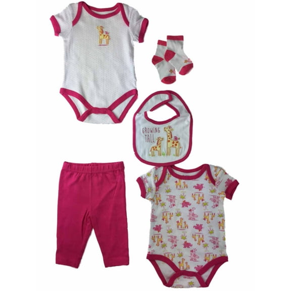 Infant Girls Pink Giraffe Growing Tall Singles Bib Pant & Socks 5 Piece Outfit
