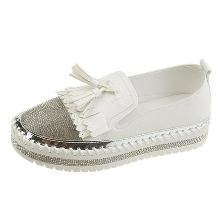 

VMESZQFG Woman Shoes Casual Ladies Fashion Solid Leathe Rhinestone Tassel Decoration Thick Sole Casual Single Shoes White