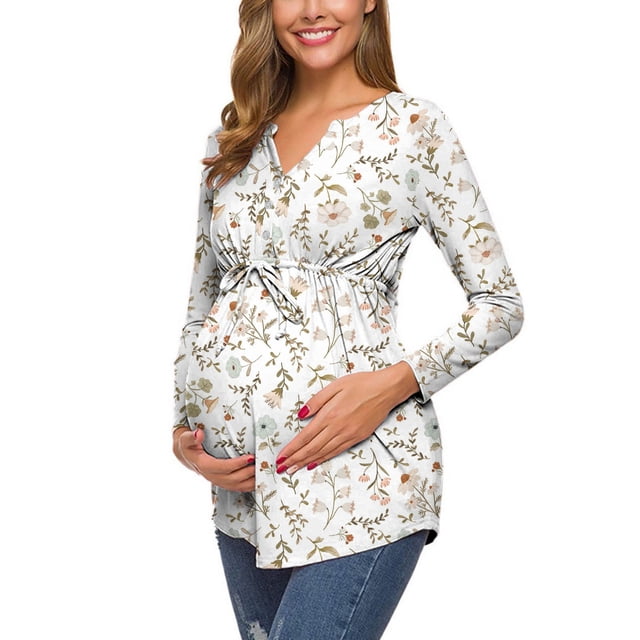 Manches Longues pour Femmes Dames Mode Fleurs Feuilles Imprimé Manches Longues Ceinture Maternité Allaitement Vêtement Haut