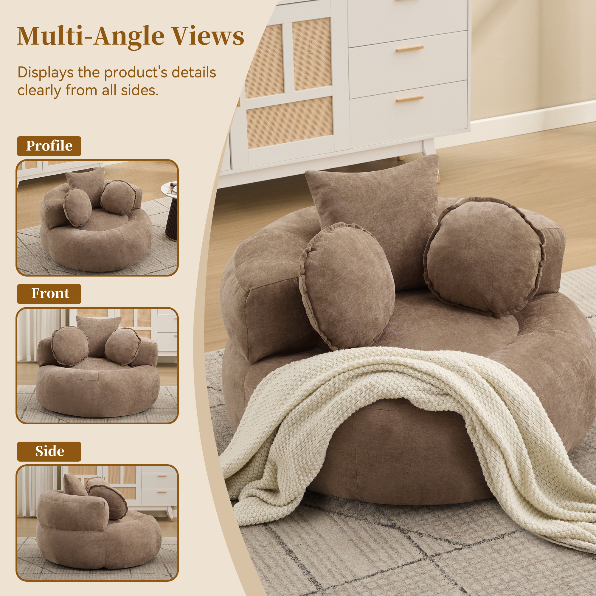 43'' Round Oversized Chaise Lounge Indoor Chair, No Assembly Chenille Compressed Circle Sofa Bed,Comfy Upholstered Sleeper Couch,Lazy Bean Bag Couch for Living Room, Bedroom,Brown