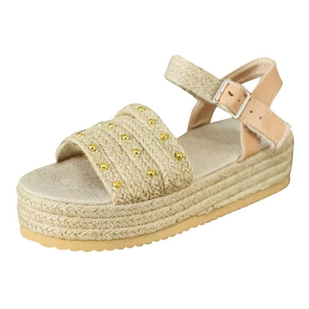 XDDST Khaki Womens Sandals Ladies Shoes Platform Block Heel Sandals Comfort Fashion Linen Platform Fashion Sandals