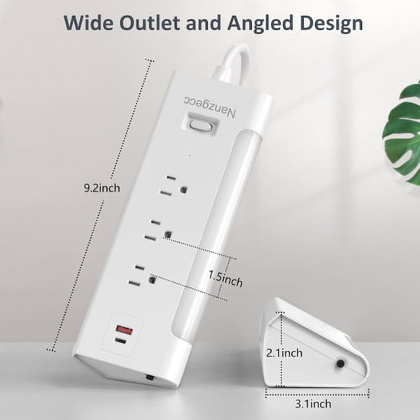 Angled 3 Outlet Power Strip - Built in USB A/C Port - Integrated LED Light - 300 Joules Surge Protection