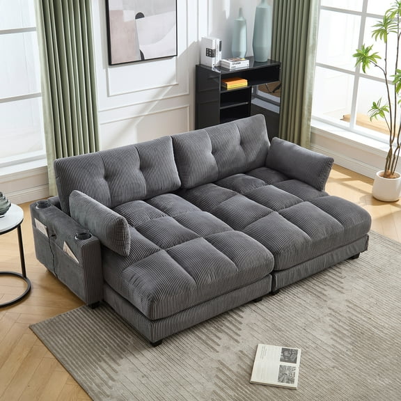 MOONMISS Corduroy Upholstered Soft Deep Seat Sleeper Loveseats Sofa with USB,Type-C&Cup Holders-Gray