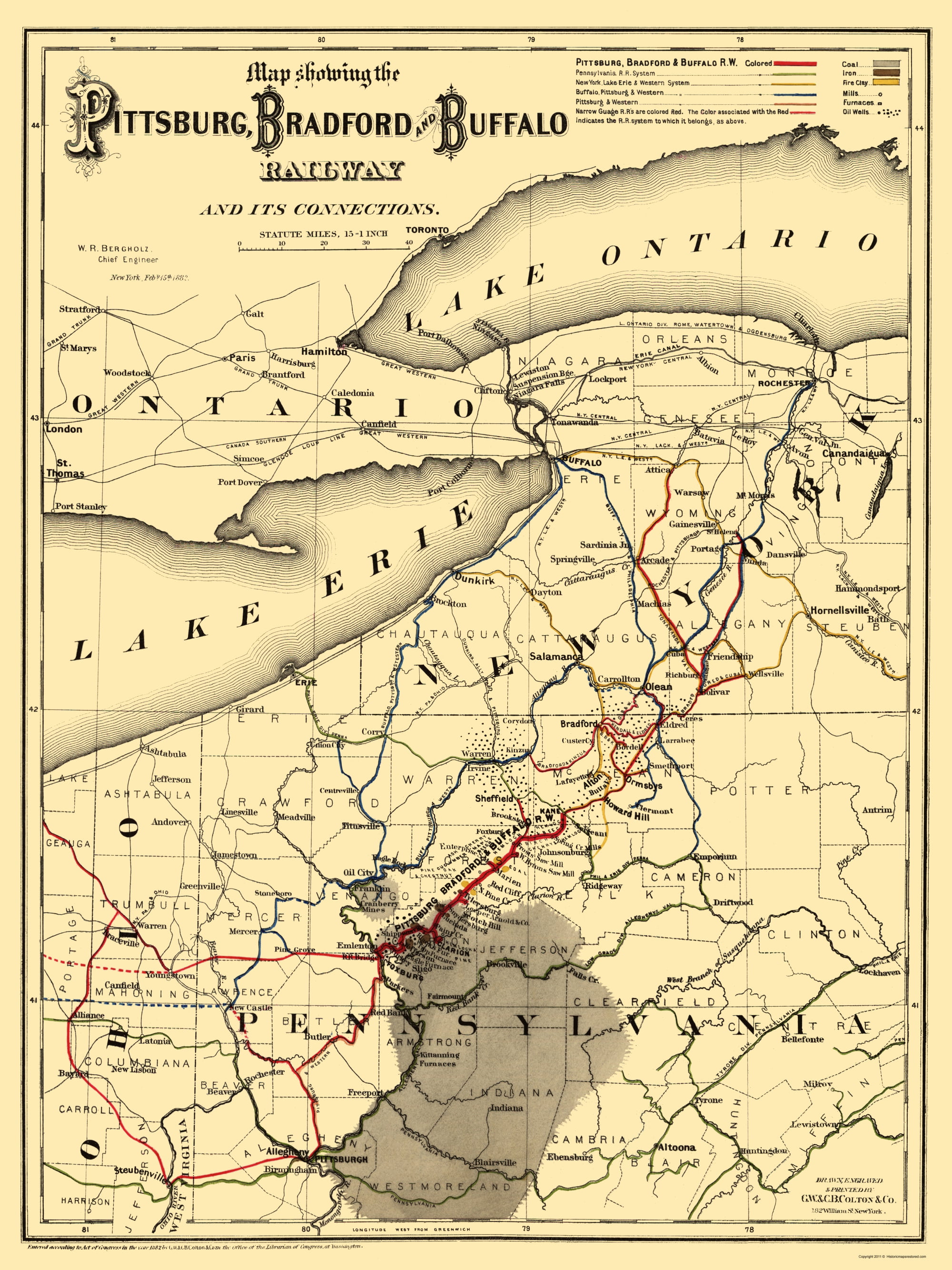 24x36 Vintage Reproduction Pittsburgh Bradford and Buffalo RR 1882