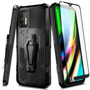 Motorola Moto G Stylus 2021 Case with Tempered Glass Screen Protector (Full Coverage), Nagebee Belt Clip Built-in Kickstand Dual Layer Full Body Protective Shockproof Rugged Case (Black)