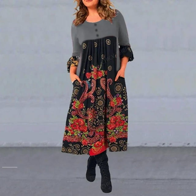 CHUANK Robe Jupe Femme Jeune Adulte Mode Positionnement Imprimée Manches Longues Longue avec Poches