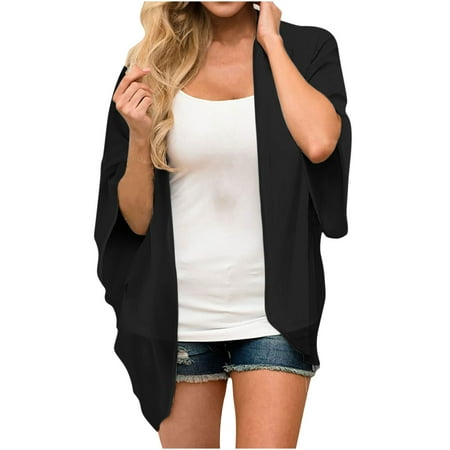 Ladies Tops Sale Floral Print Puff Sleeve Kimono Cardigan Summer Bohemian Beach Cover-Up 3/4 Sleeve Chiffon Bikini Blouses Lightweight Chiffon Open Front Cardigans