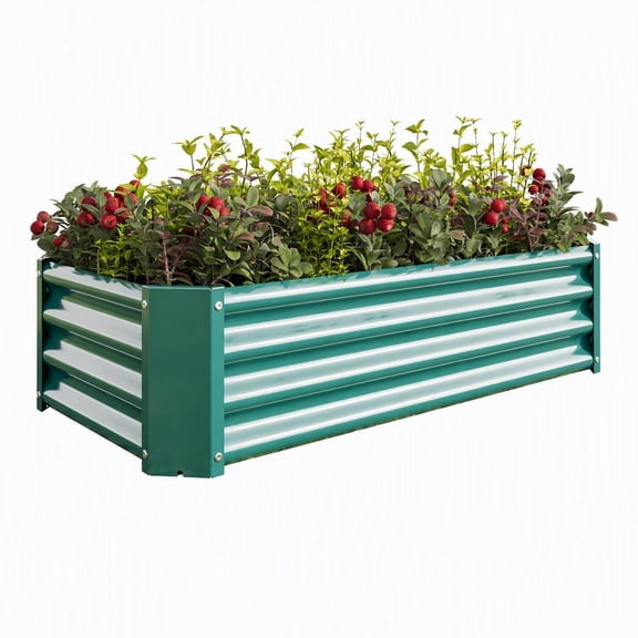 Veezyo Green 4x2x1 Foot Galvanized Metal Raised Garden Bed, Rectangle Planter Box for Growing Vegetables, Herbs, and Flowers in Outdoor Yards, 1 Pack