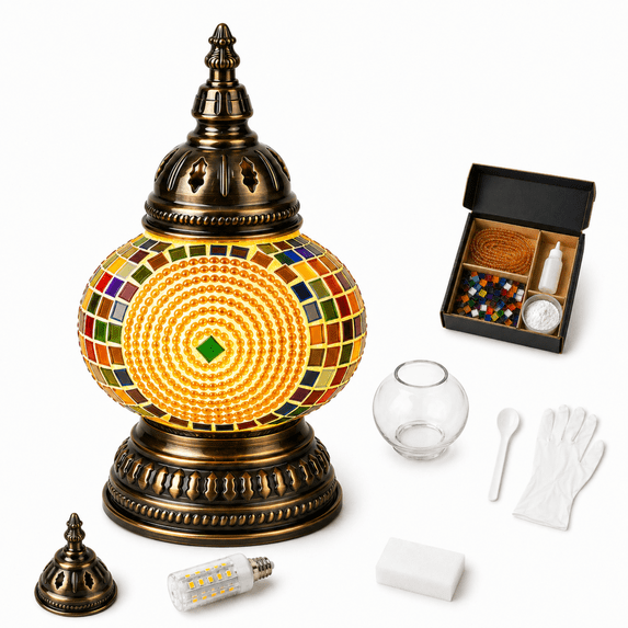 MEHOOM DIY Mosaic Lamp Kit,Yellow Turkish Crafts Kit for Adult,Moroccan Decor, Perfect Gift for Her or Him