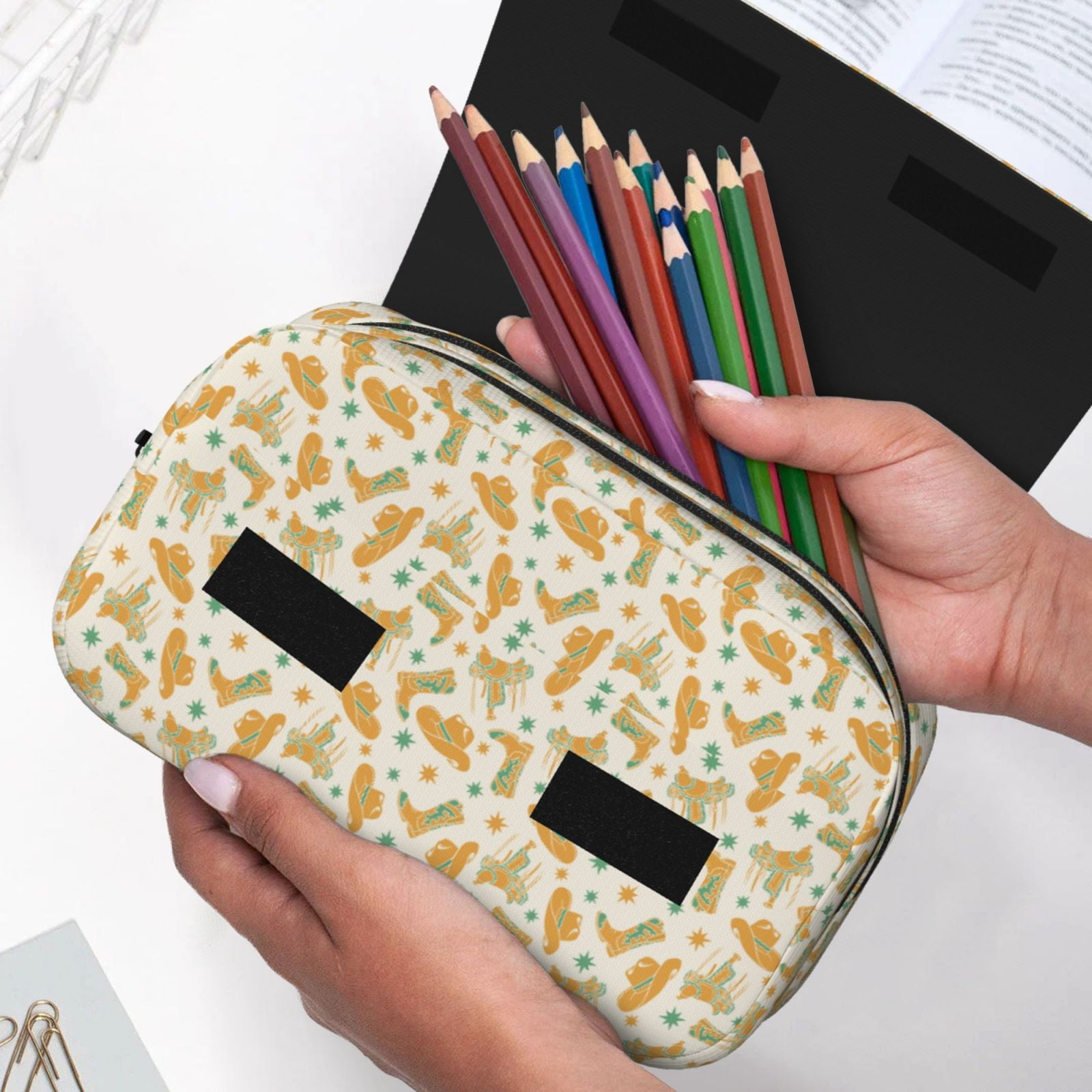 Rateoe Cowgirl Boots 3 Pattern Double Clamshell Pen Case, Storage Organizer with Two Zipper Compartments– Holds Up to 50 Pencils & Pens