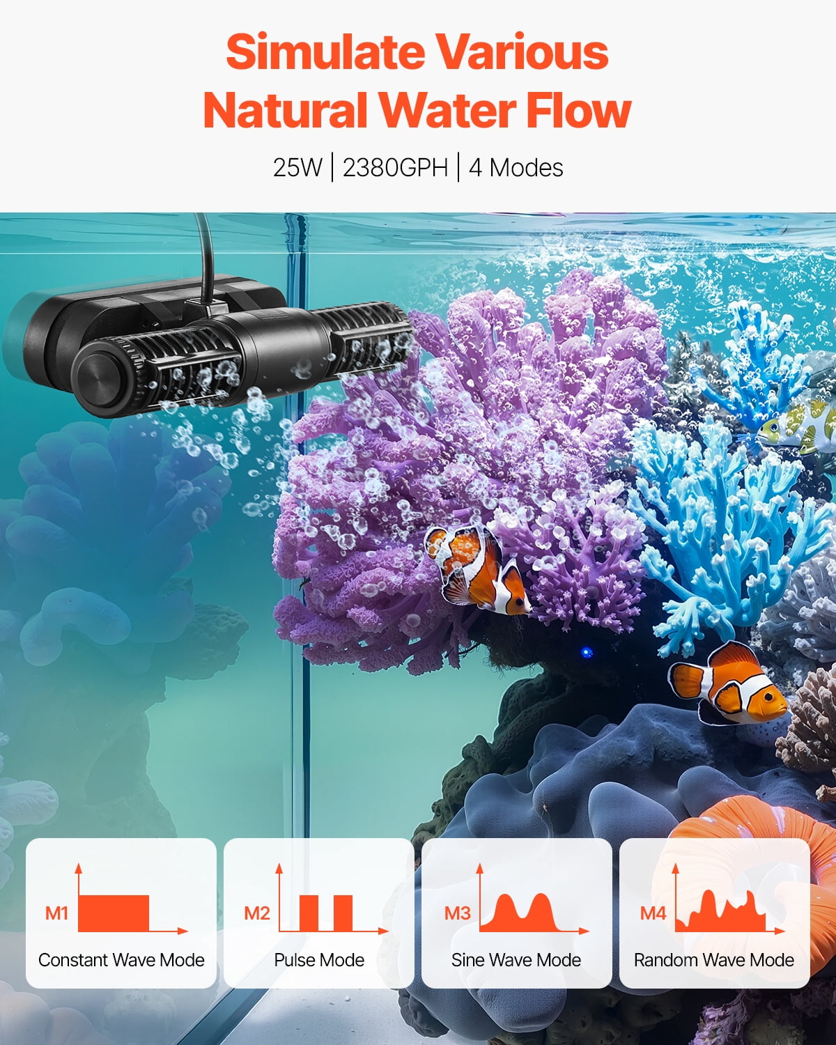 VEVOR Aquarium Wave Maker, 25W, 2380 GPH Adjustable Cross Flow Pump with Controller, Magnetic DC 24V Aquarium Powerhead,Strong Magnetic Base,360° Rotating Wavemaker,for Saltwater Marine Freshwater