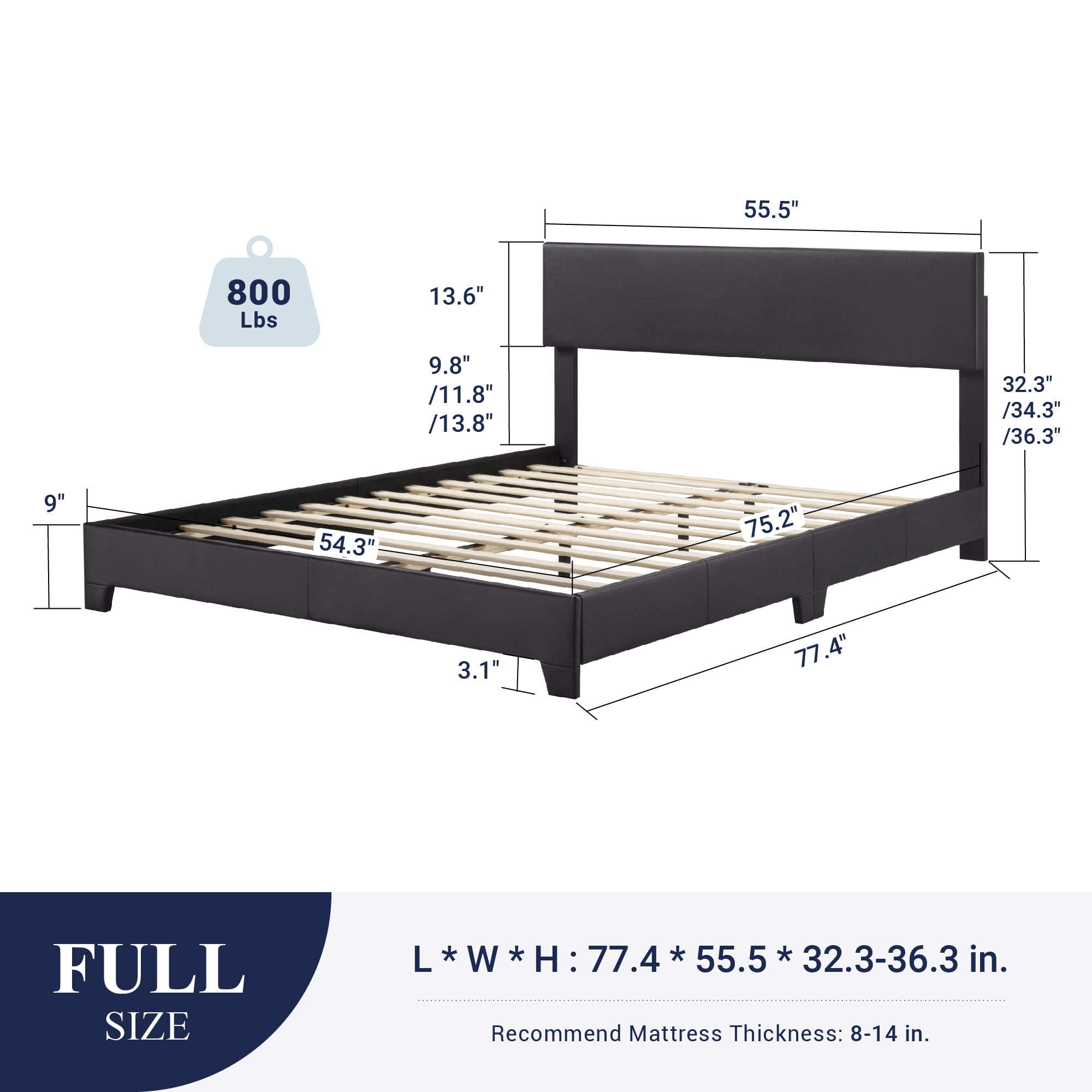 Sifurni Full Size Platform Bed Fame with Upholstered Adjustable Leather Headboard, Black