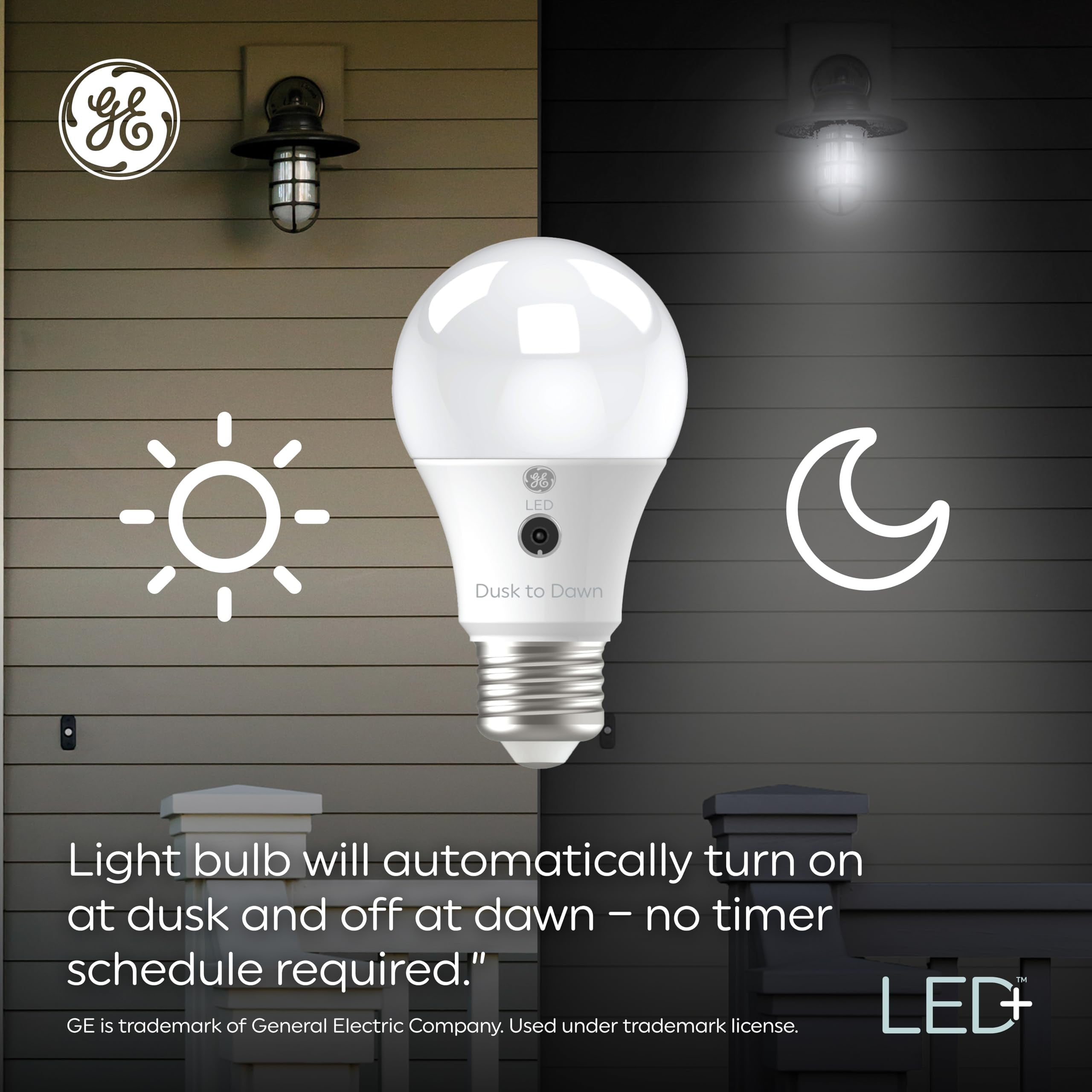 (3 bulbs) GE LED+ Dusk to Dawn A19 LED Light Bulbs, Automatic On/Off Outdoor Light, 8.5W, Soft White
