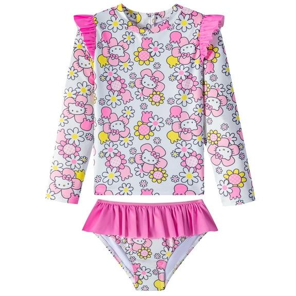Hello Kitty Sanrio Girls Long Sleeve Rash Guard & Bikini Bottom UPF 50 , 2 Piece Swimsuit Set (Size 4-10)