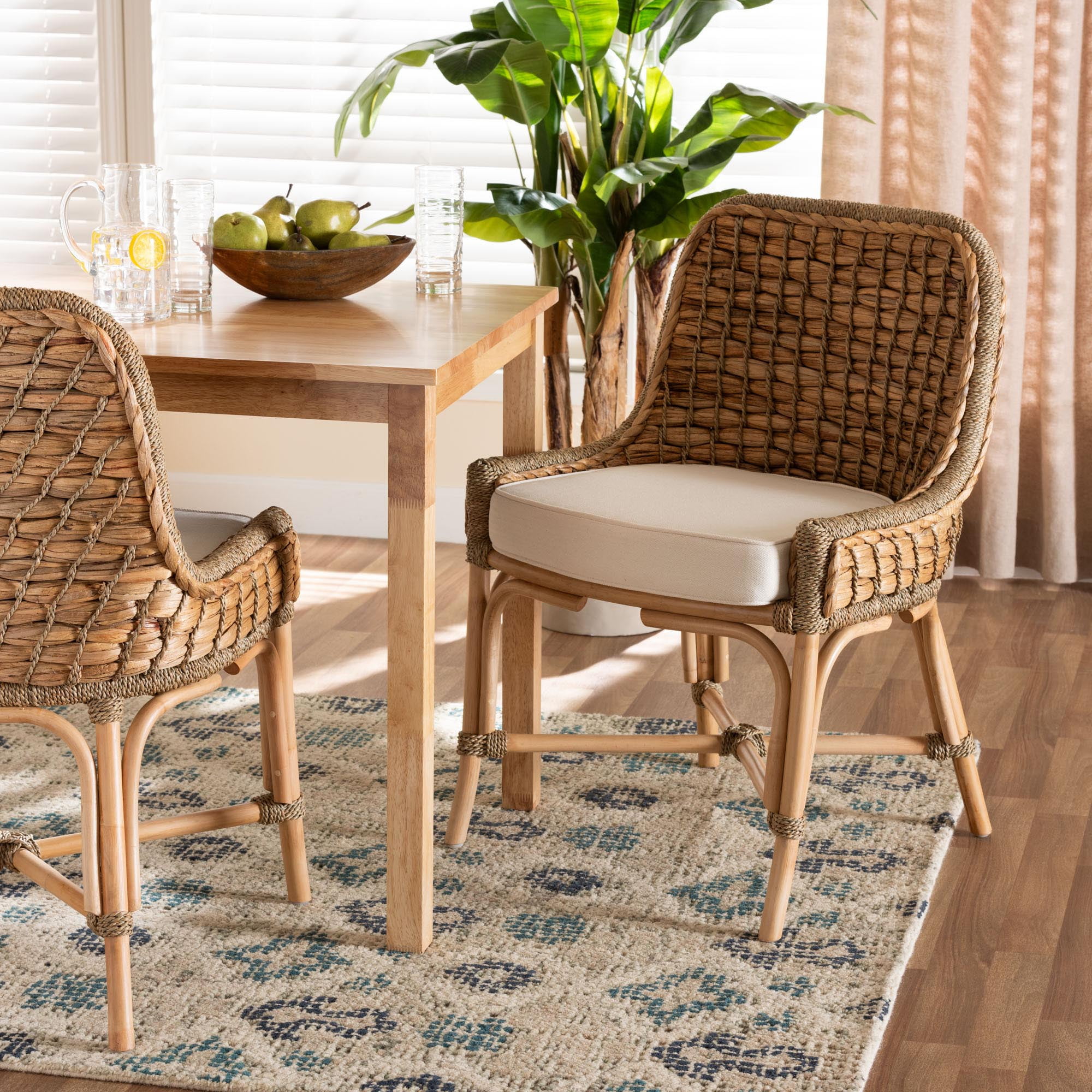 bali & pari Kyle Rattan and Seagrass BOHO Dining Chair, Natural Brown