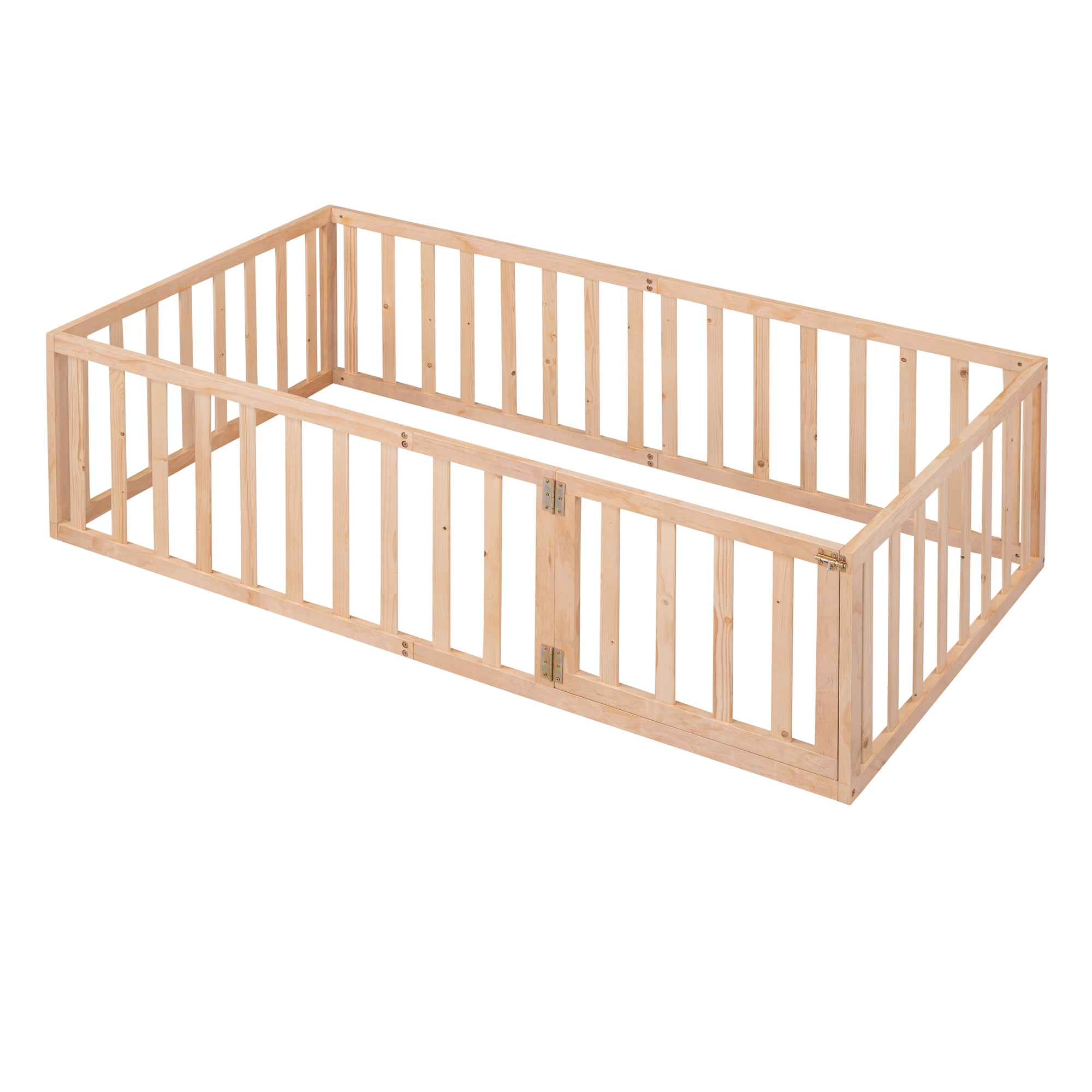 Gewnee Twin Size Toddler Floor Bed,Pine Wood Kids Floor Bed Frame with Fence and Door,Natural