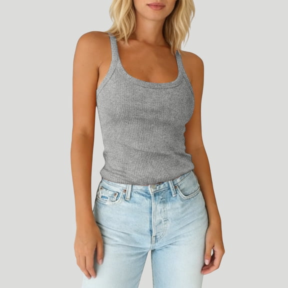 Lumtrix Womens Scoop Neck Ribbed Knit Tank Top Cotton Tops Slim Fitted Casual Basic Sleeveless Shirts Spaghetti Strap Camisole Shirts Gray S