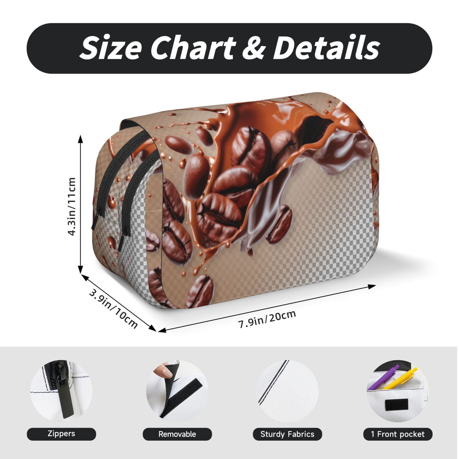 Rateoe Coffee Beans Chocolate Splash Pattern Double Clamshell Pen Case, Storage Organizer with Two Zipper Compartments– Holds Up to 50 Pencils & Pens