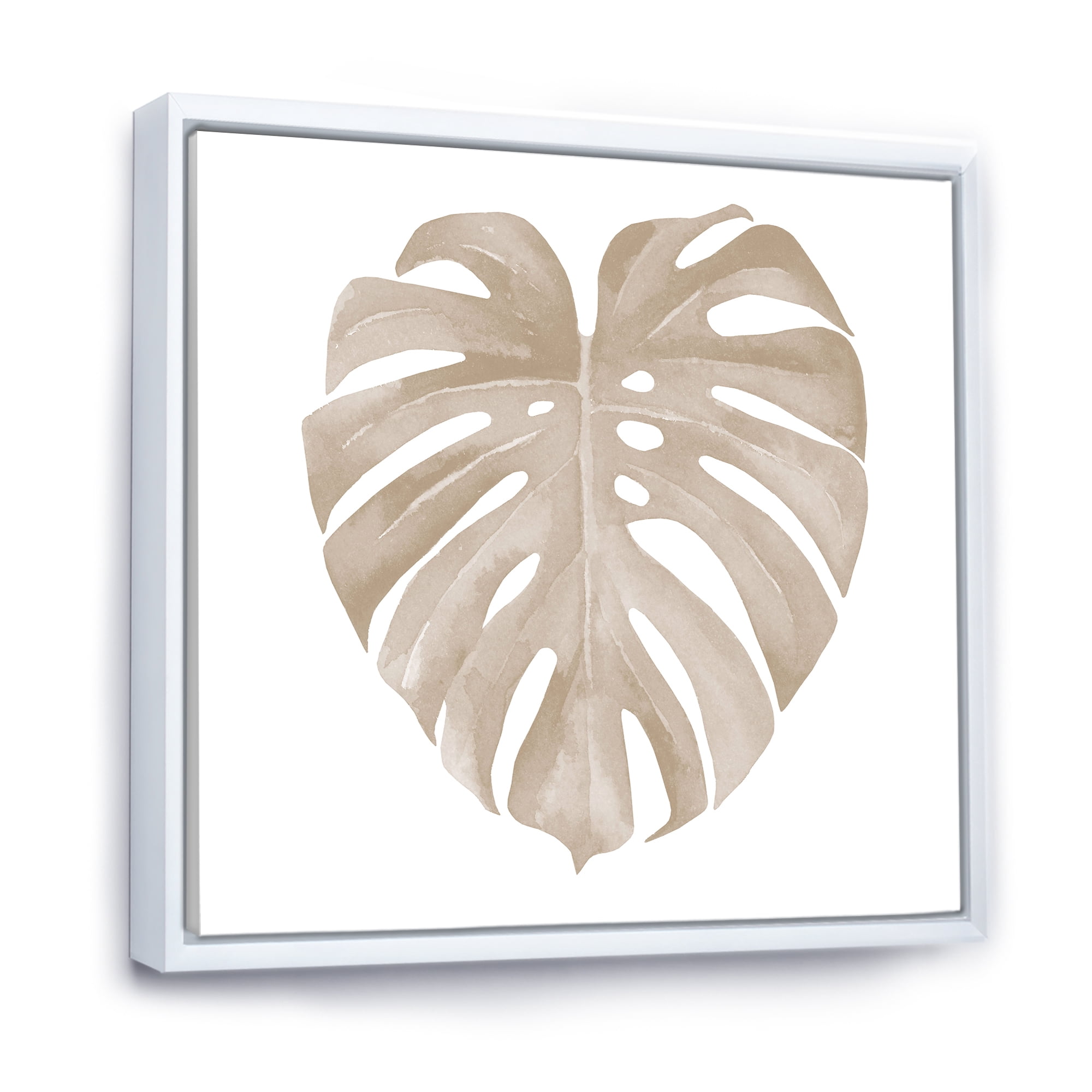 Designart 'Beige Ivory Pastel Monstera Heart Shaped Tropical Leaf' Traditional Framed Canvas Wall Art Print