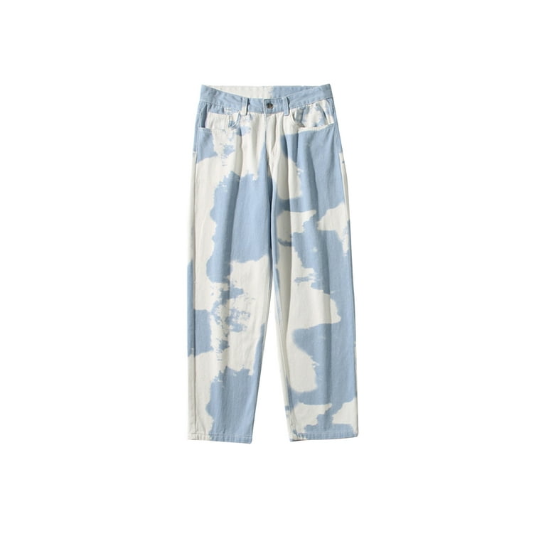 Men Tie Dye Denim Pants High Waist Patch Jeans Bottoms Vintage Loose Straight Leg Trousers Streetwear