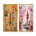 thumbnail image 2 of Designart "Pink Vintage Floral London with Big Ben III" City London Framed Wall Art Set Of 2 - Traditional Brown Gallery Wall Frame Set For Home Decor, 2 of 6
