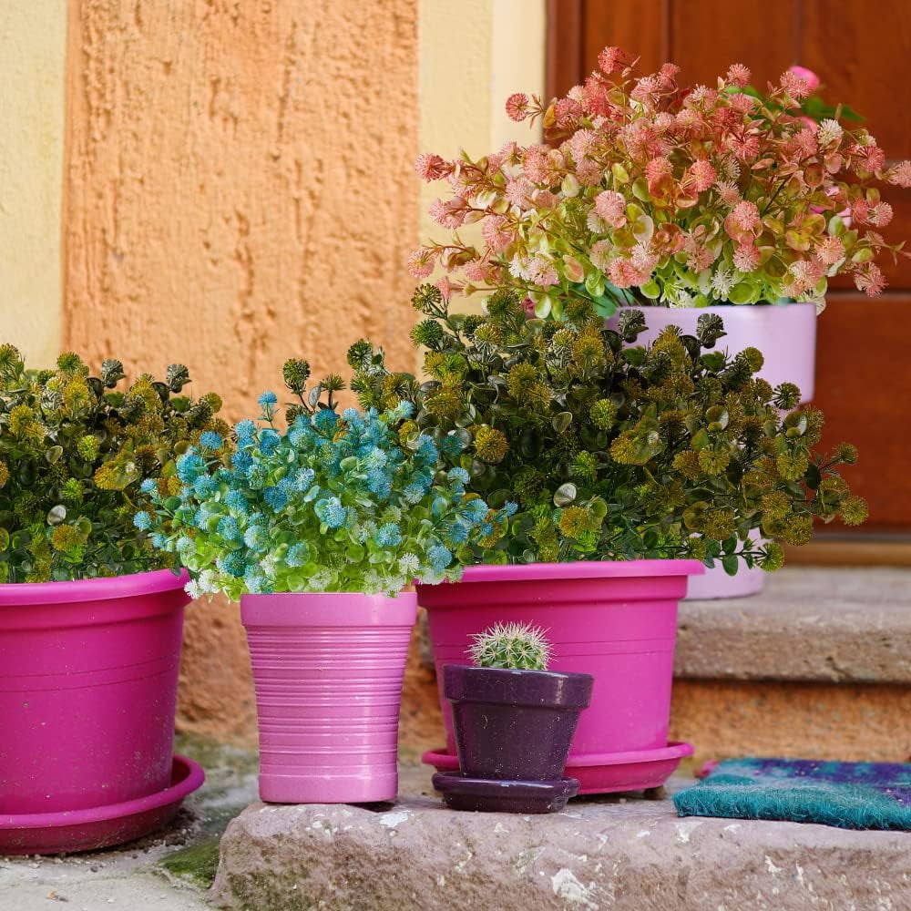 6 Bundles Artificial Eucalyptus Flowers, Fake Artificial Greenery UV Resistant No Fade Faux Plastic Plants for Wedding Bridle Bouquet Outdoor Home Garden Kitchen Office Table Vase(Brown)