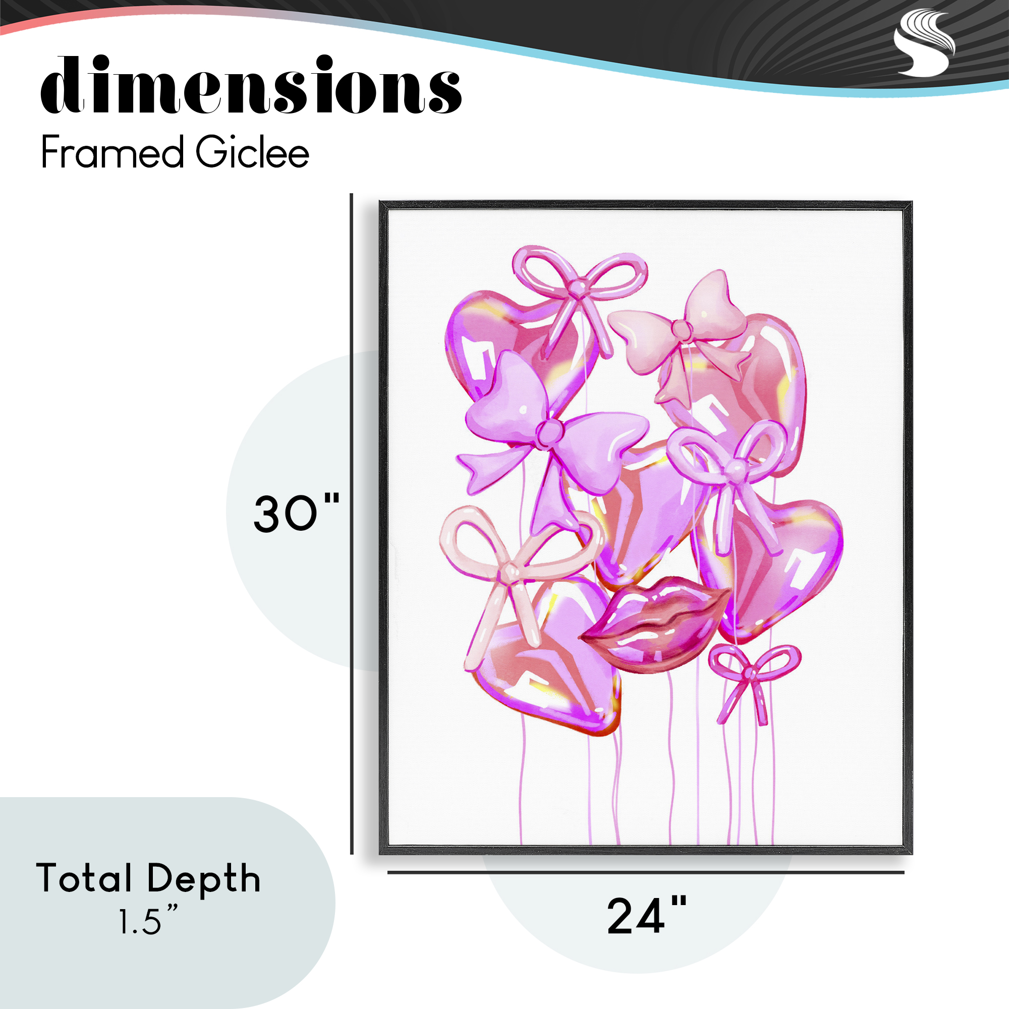 Pink Heart and Bow Balloons Black Framed Giclee Art, design by Ziwei Li