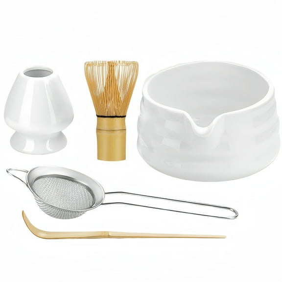 Matcha Whisk Set, Japanese Tea Set (5pcs) includes Matcha Bowl with Spout (19 oz), Bamboo Matcha Whisk and Matcha Scoop, Matcha Whisk Holder, Stainless Steel Sifter, Tea Making Tools, Matcha Kit