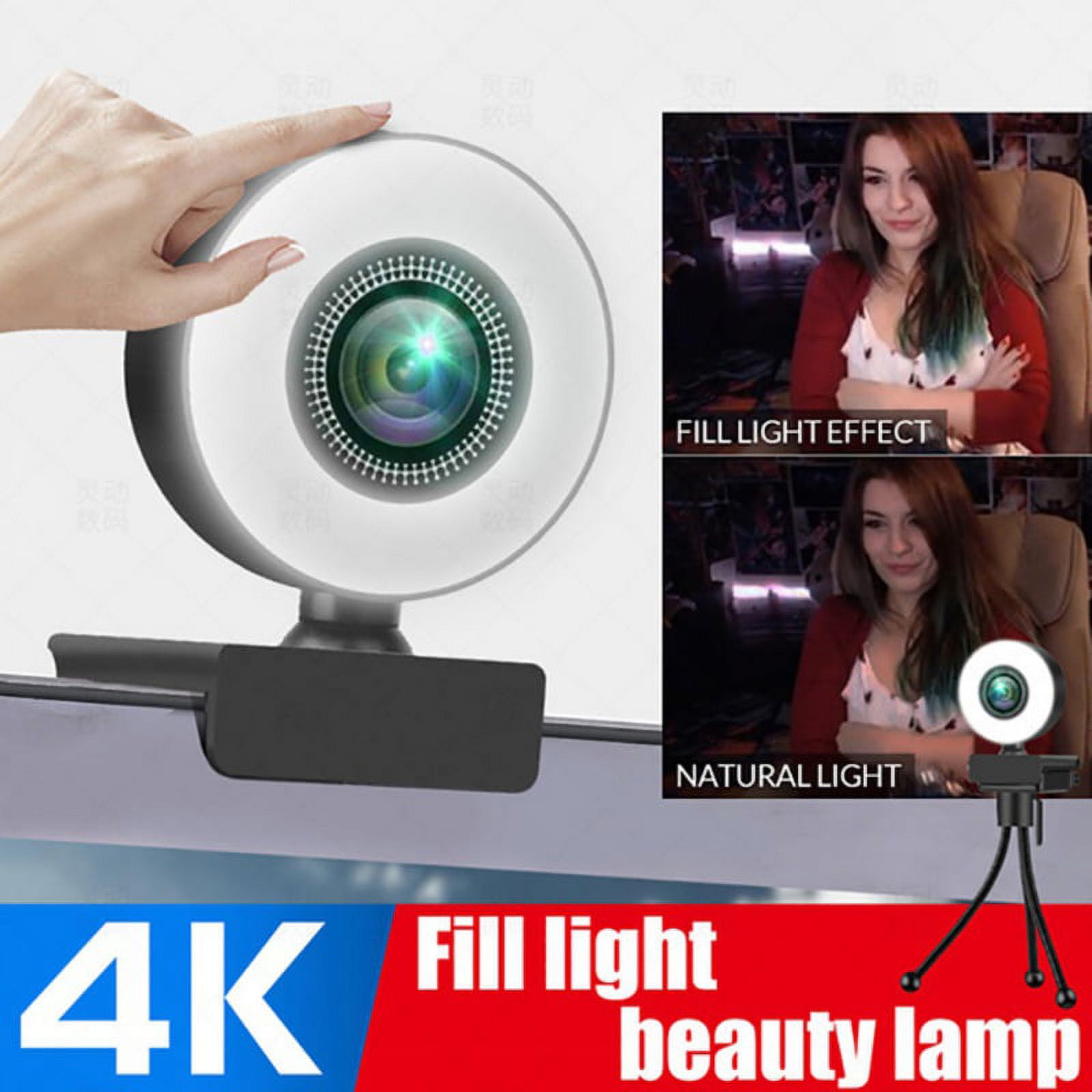 4K Webcam with Microphone for Desktop USB Streaming Web Camera - 4K Fixed Focus, Touch Three-speed Light + Stand
