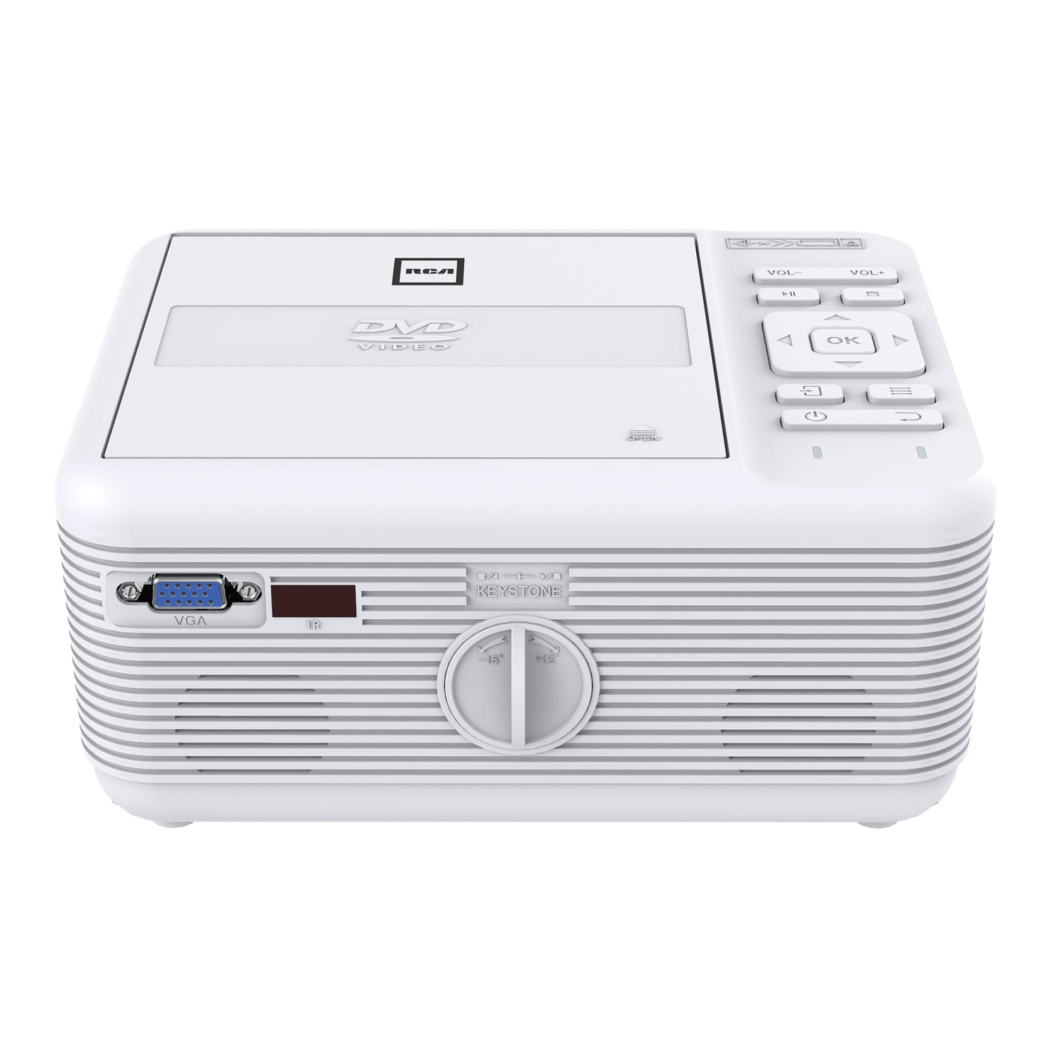 RCA Bluetooth 480p LCD Compact Projector with Built-in DVD Player, 100-In.  Foldup Screen, and Remote (White), RPJ241-COMBO-WHITE-V