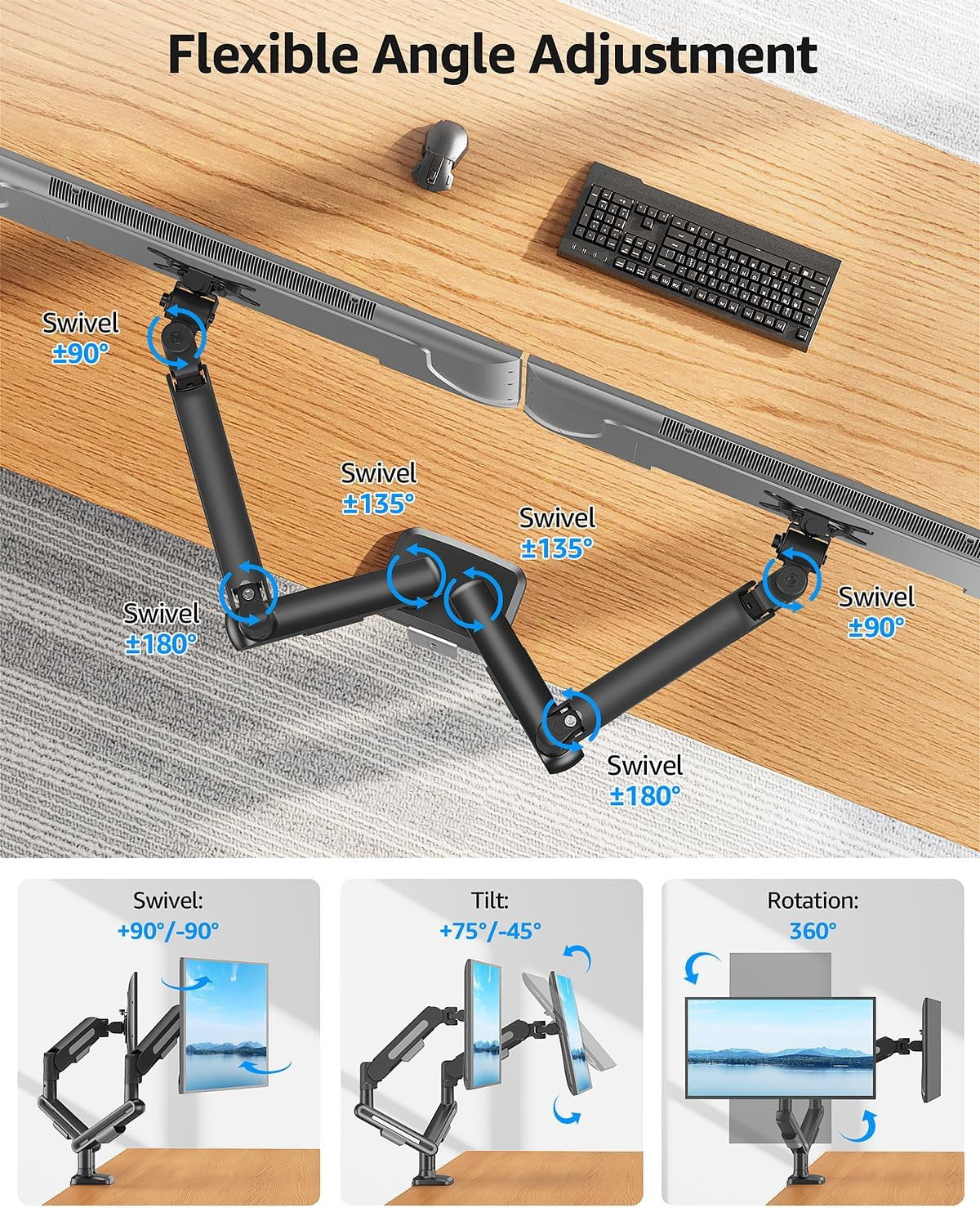 Dual Monitor Mount Holds 4.4-26.5lbs Heavy Duty Arm for 39 37 34 32 27inch Height Adjustable Desk Stand with C-Clamp Grommet Base
