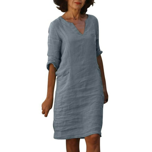 Mini vestido estampado con cuello en V y manga media para mujer - Algodón/lino, estilo informal/vacacional, primavera/otoño, lavado a mano/a máquina con programa delicado, tallas asiáticas reales