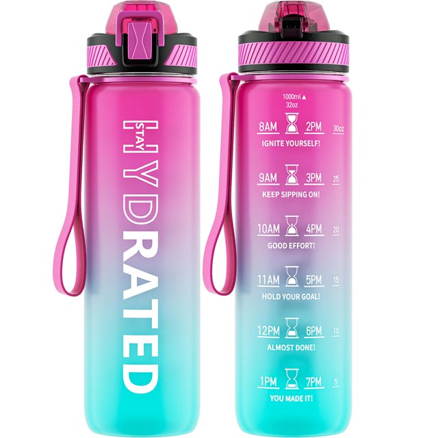 Botella de agua QLUR de 1 L, libre de BPA, con pajilla motivacional y a prueba de fugas