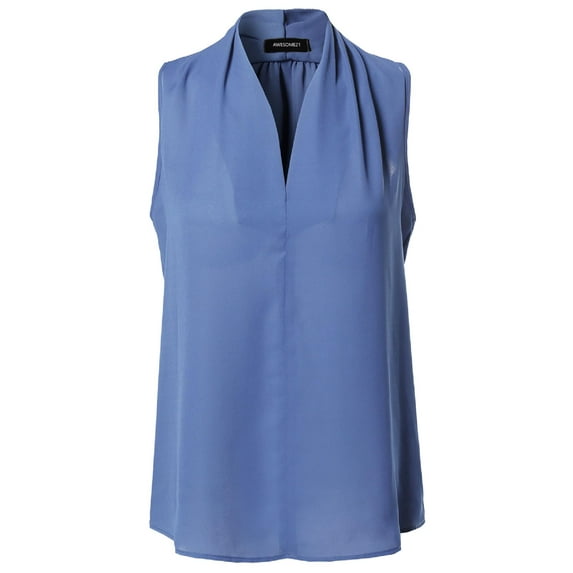 FashionOutfit Women's Solid Chiffon High V-Neck Sleeveless Office Blouse Top Made in USA